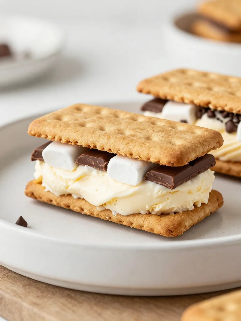 S'mores ice cream sandwiches with graham crackers, marshmallows, and chocolate