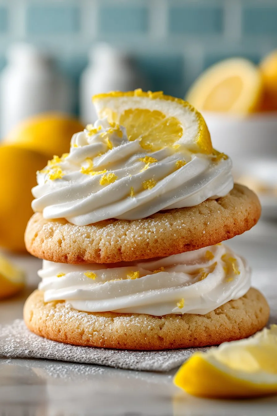 Delicious soft lemon sugar cookies topped with creamy frosting on a plate