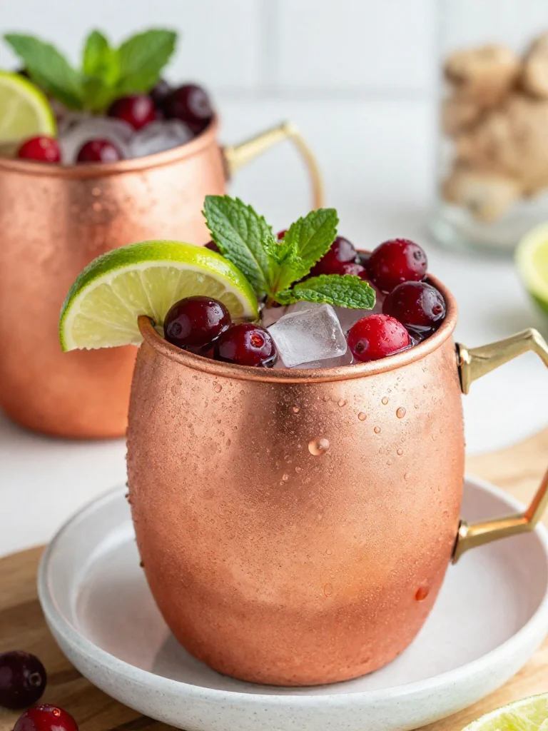 Sparkling Cranberry Moscow Mule Pitcher served with fresh cranberries and lime