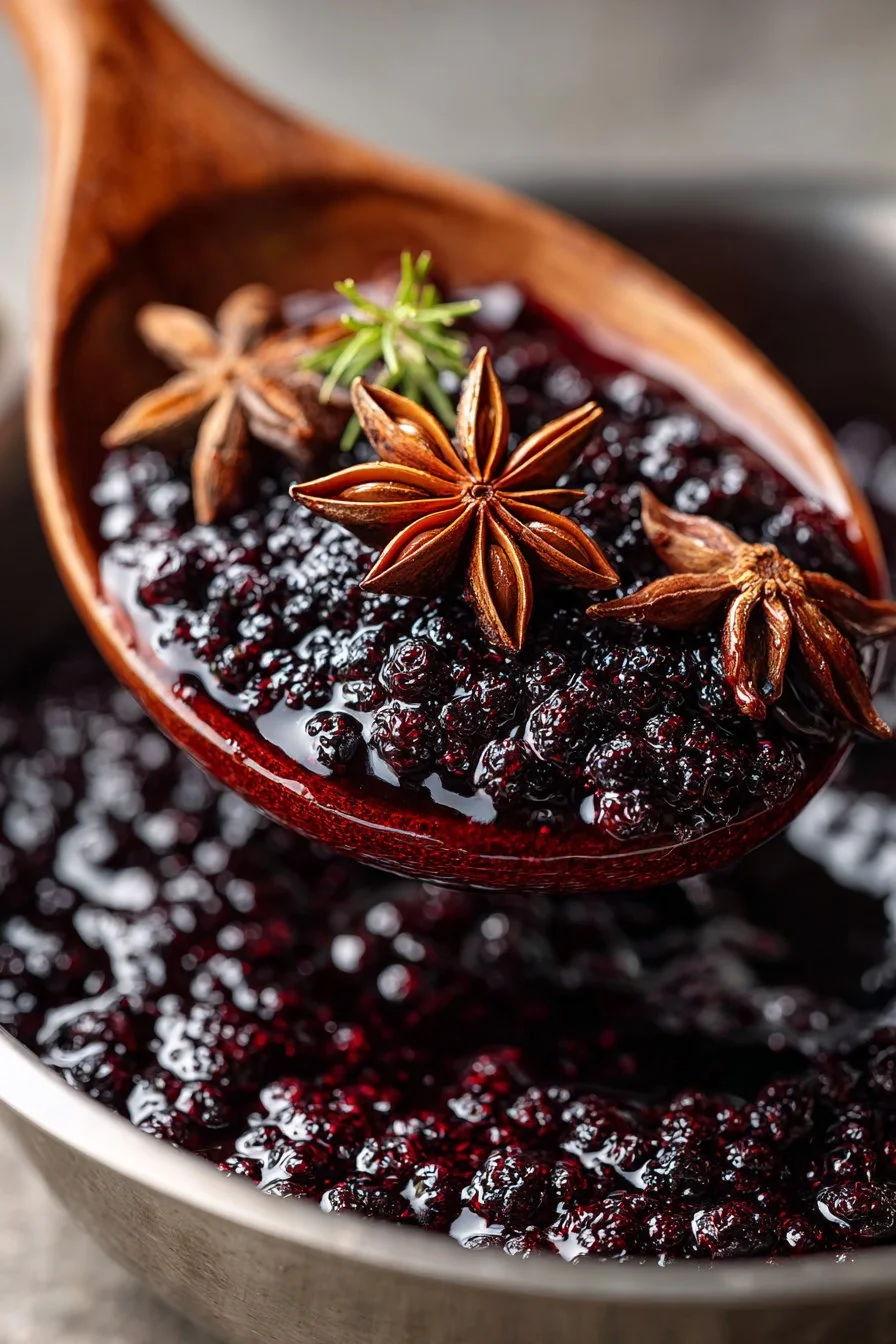 Spiced elderberry syrup with star anise in a glass jar