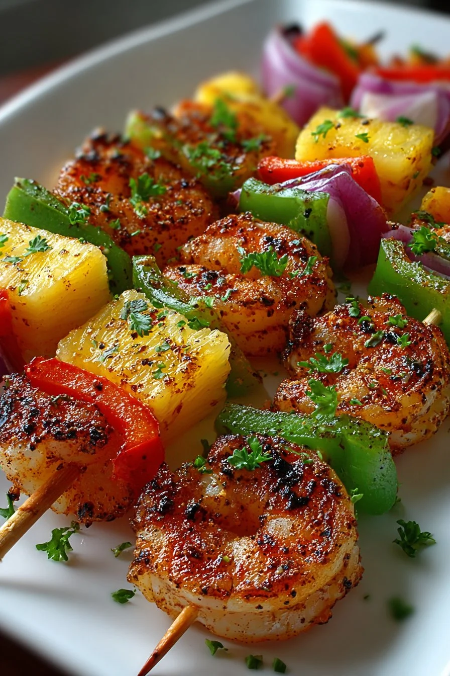 Delicious summer grilled pineapple and shrimp kabobs on skewers