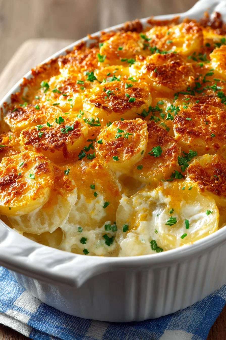 Amish Cheesy Potato Casserole served in a baking dish with melted cheese on top