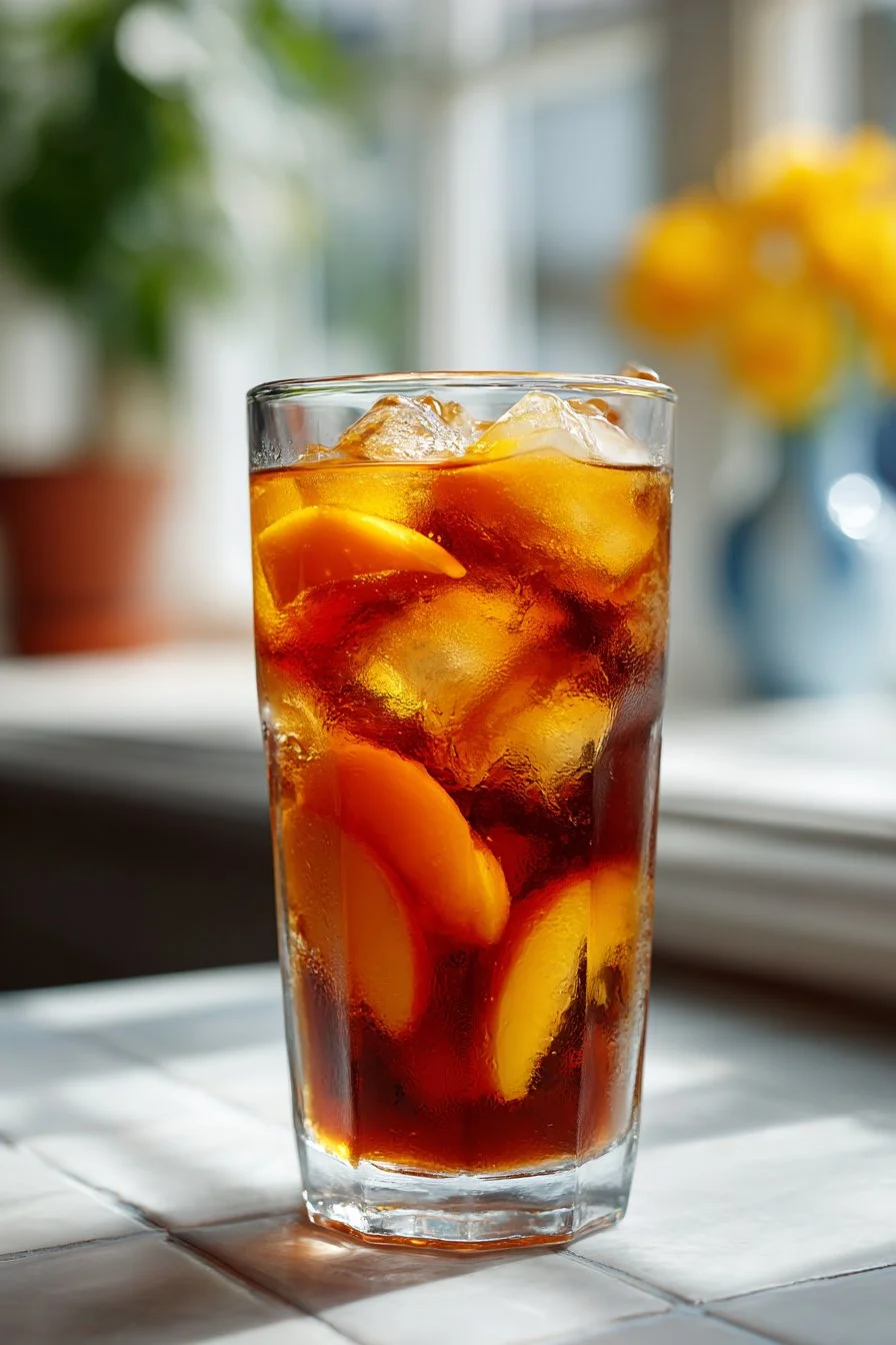 Glass of traditional Southern peach sweet tea with peaches and mint garnish