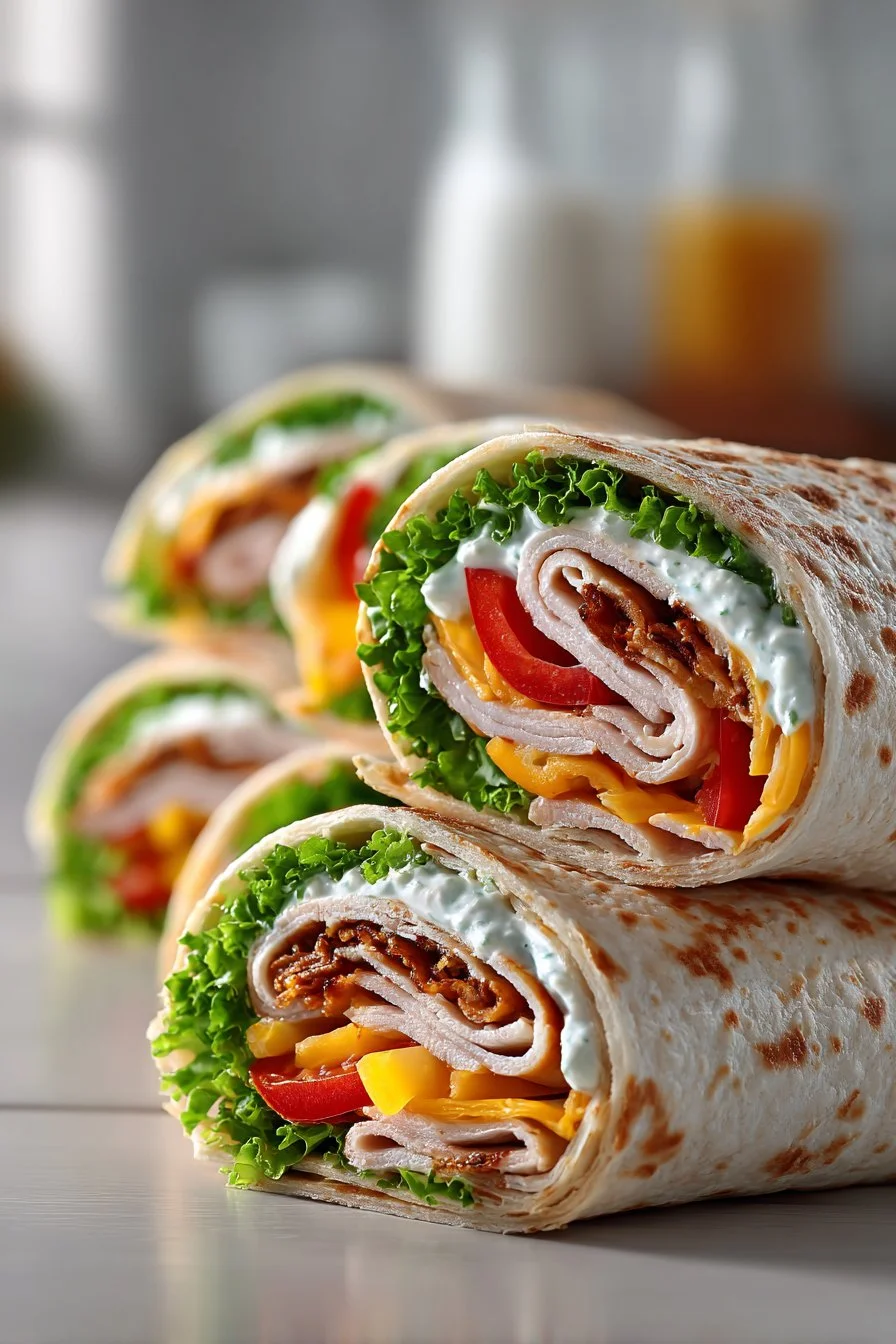 Turkey and Cheese Pinwheels with Ranch served on a plate