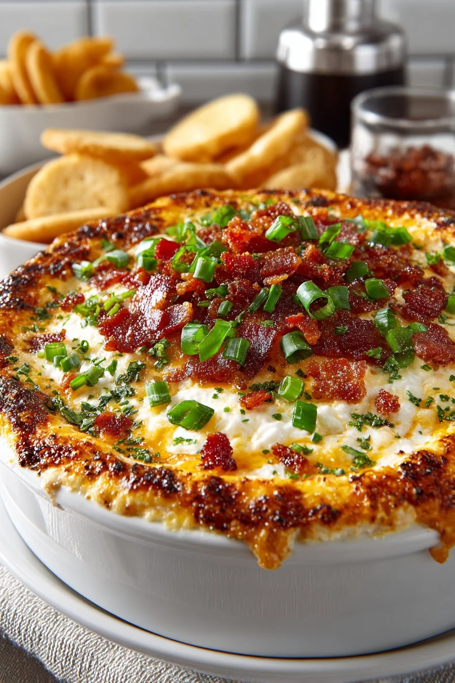 Warm cheesy bacon jalapeno dip served in a bowl with fresh herbs.
