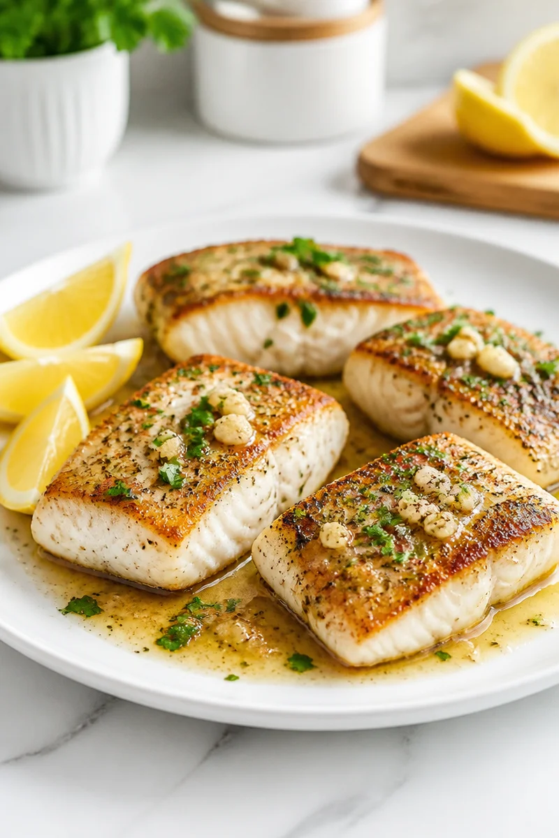 20 Minute pan seared halibut with garlic butter served on a plate