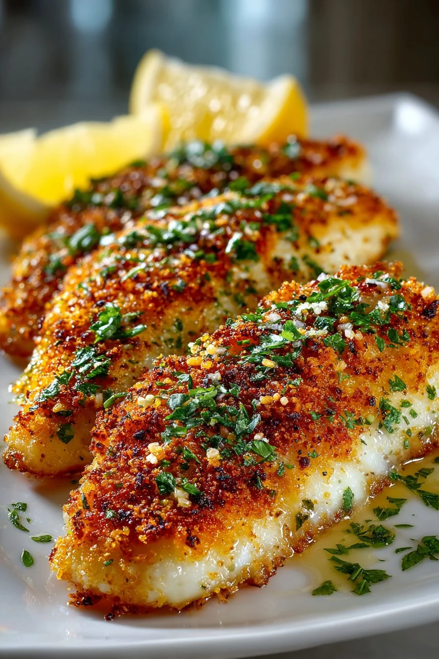Oven baked parmesan crusted tilapia served with lemon wedges and fresh herbs