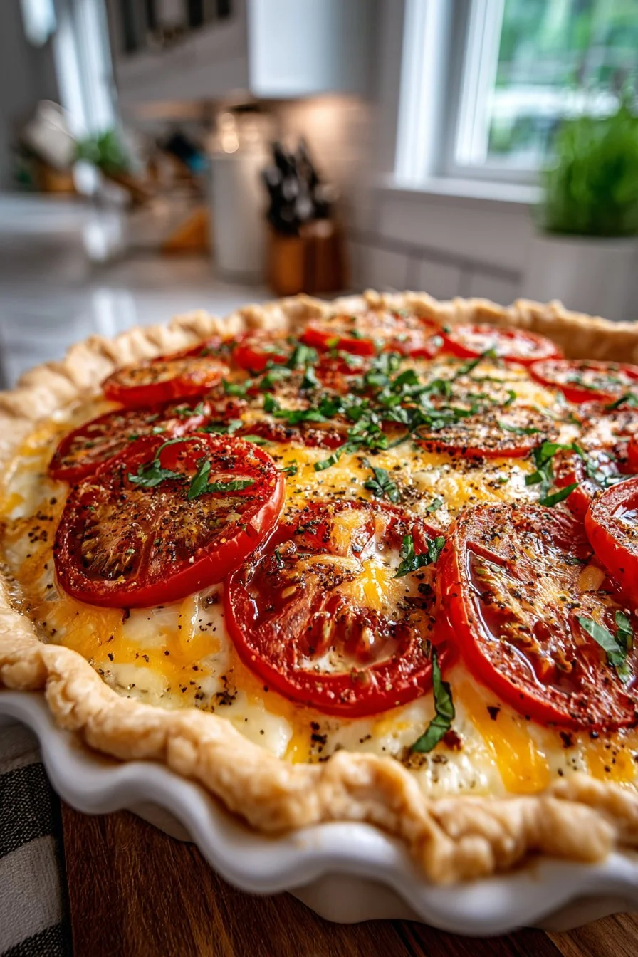 A slice of classic Southern tomato pie with fresh tomatoes and cheese.