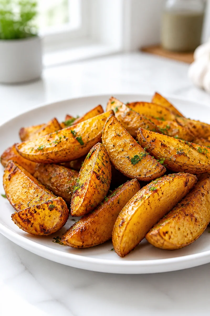 Crispy oven baked garlic potato wedges served on a plate