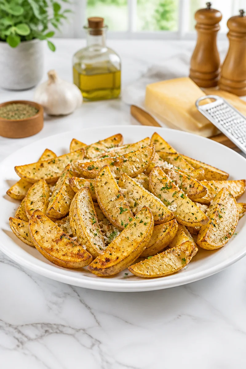 Dish of easy baked garlic parmesan potato wedges garnished with herbs