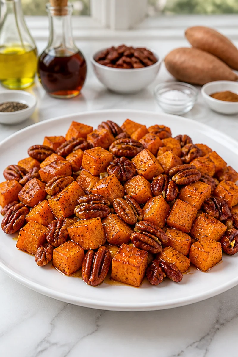 Healthy roasted maple pecan sweet potatoes garnished with pecans