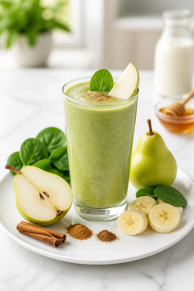 Healthy spiced pear and spinach smoothie in a glass, garnished with pear slices.