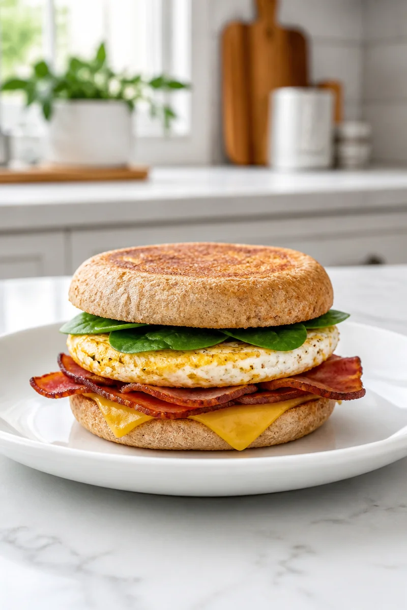 Healthy turkey bacon and egg muffin served on a plate