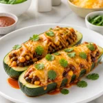 Healthy zucchini enchilada boats filled with fresh ingredients and cheese