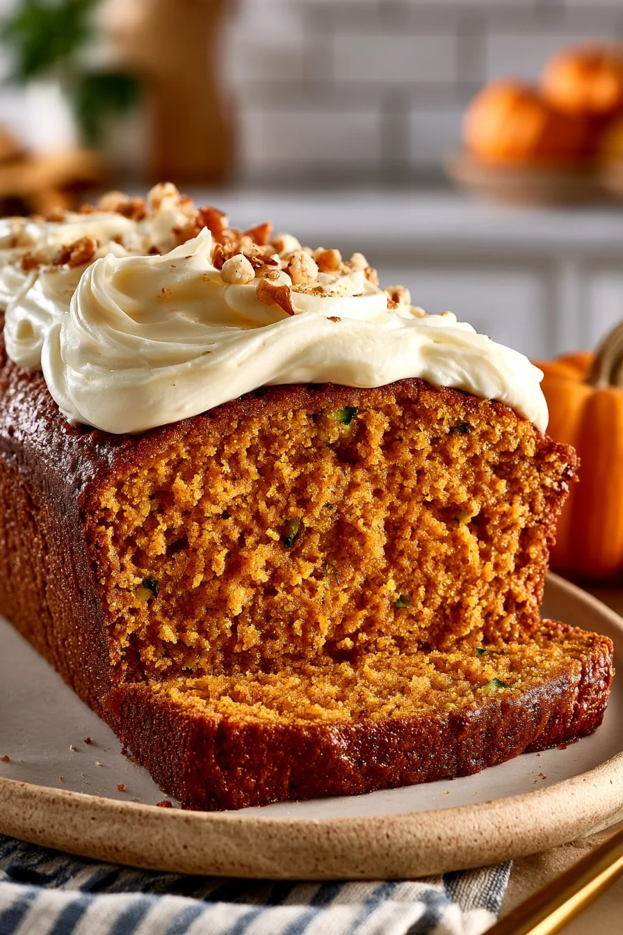 Moist cream cheese frosted pumpkin zucchini bread on a plate