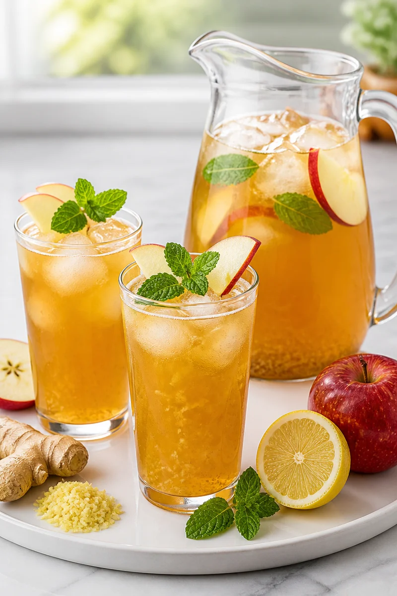 Refreshing iced apple cider ginger sparkler in a glass with ice and garnish