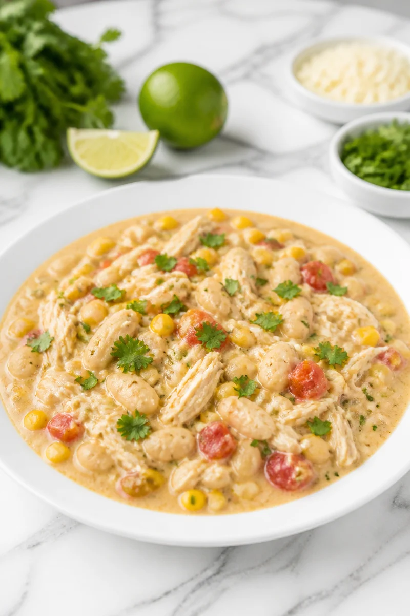 Delicious bowl of slow cooker creamy white chicken chili topped with cilantro.