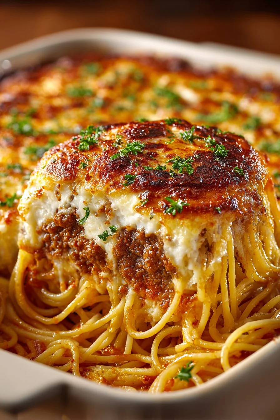 Delicious Sunday Dinner Baked Spaghetti Casserole fresh from the oven.