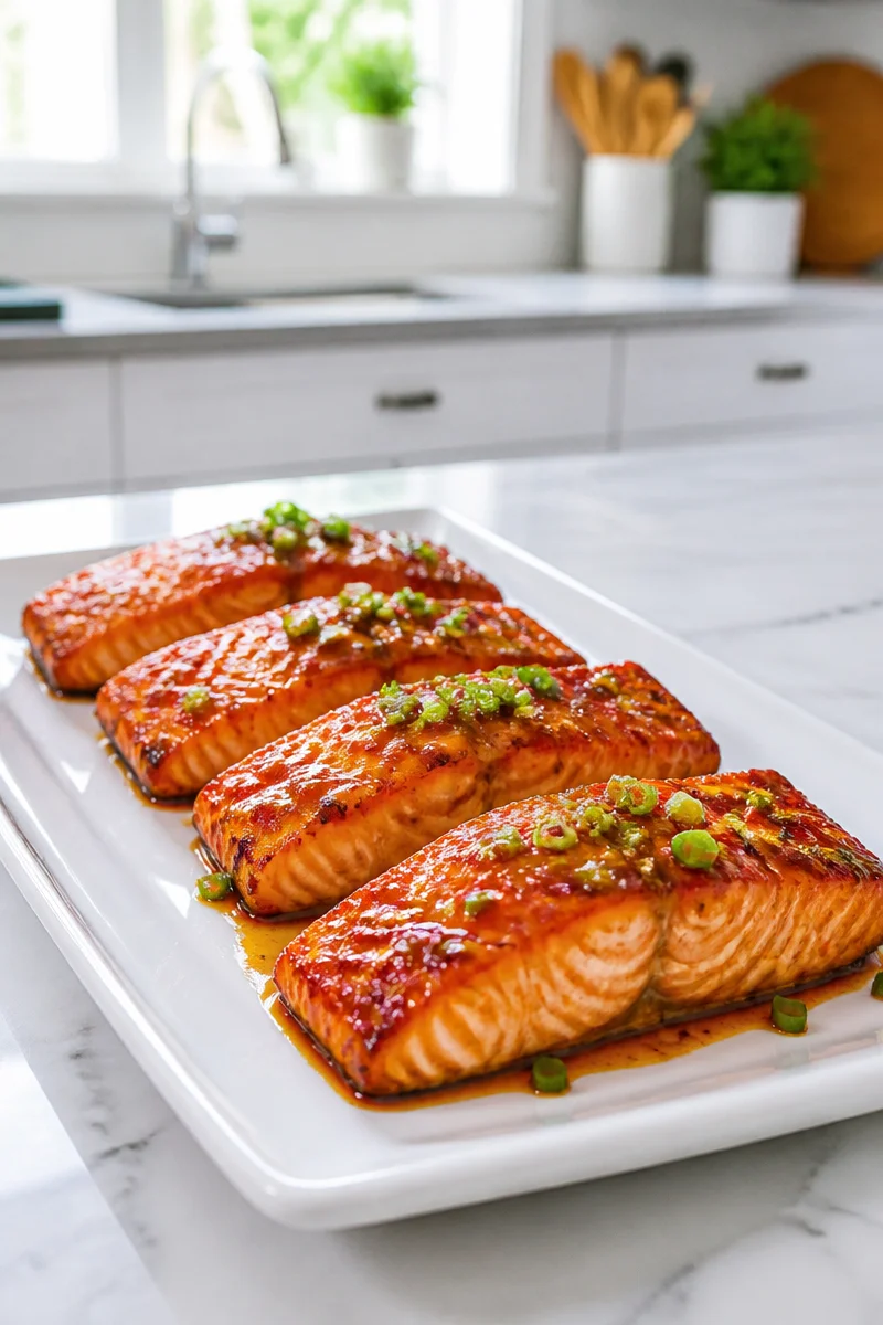Sweet Honey Sriracha Glazed Baked Salmon plated with garnishes