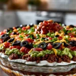 Delicious Ultimate Beef and Bean 7 Layer Dip served in a bowl