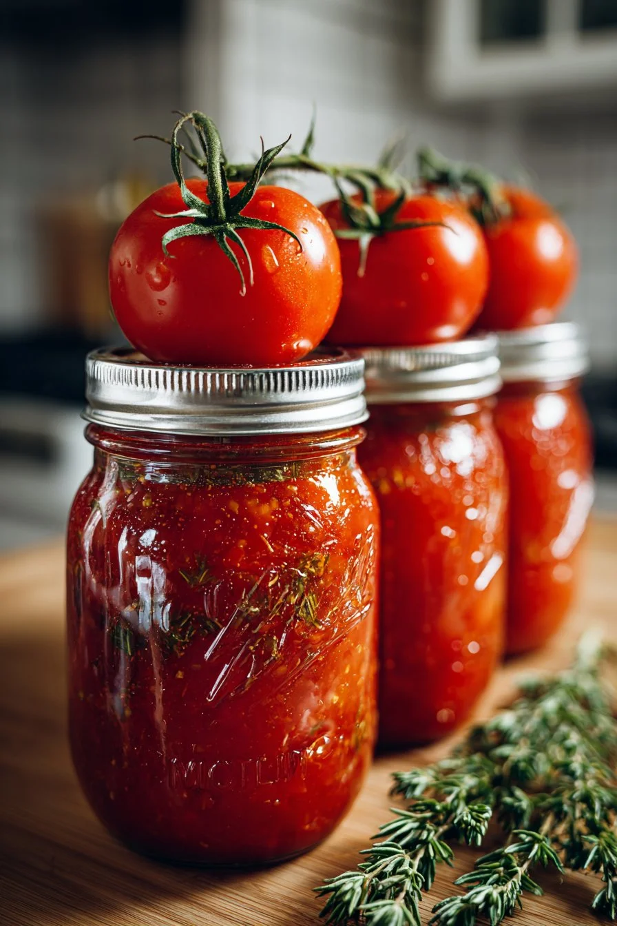 Jars of homemade tomato sauce prepared using water bath canning technique