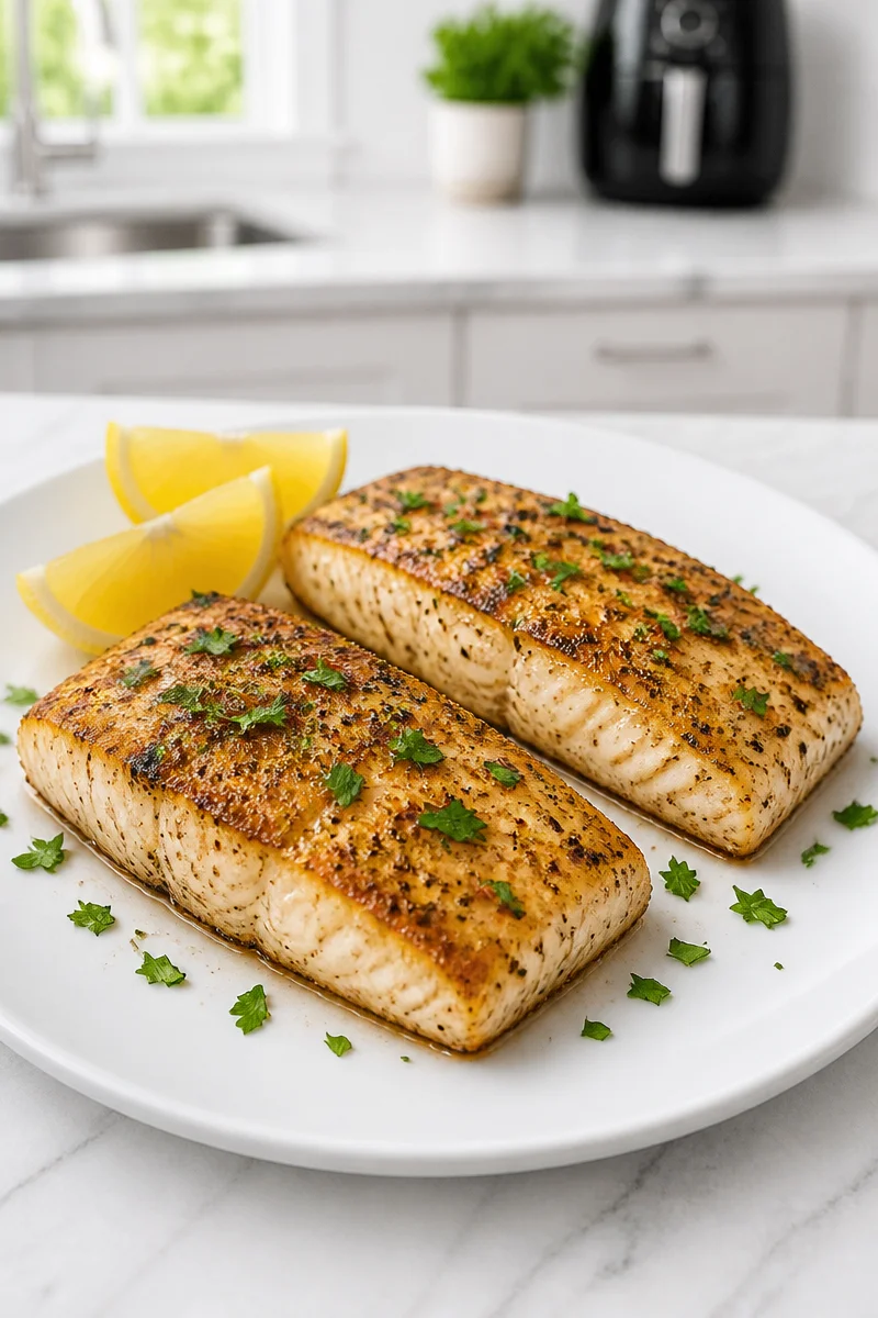 Air Fryer Garlic Butter Mahi Mahi Filet served on a plate with herbs