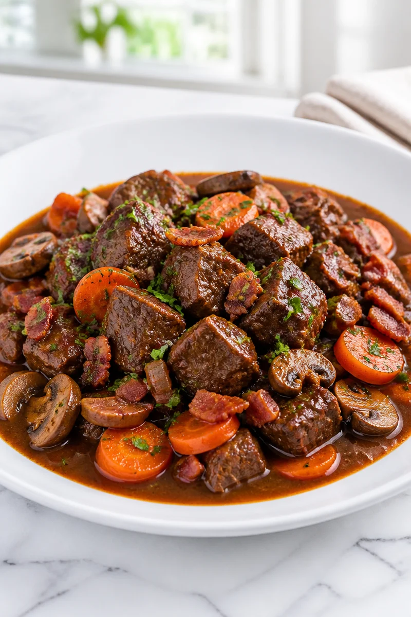 Alcohol-free hearty beef bourguignon stew served in a bowl