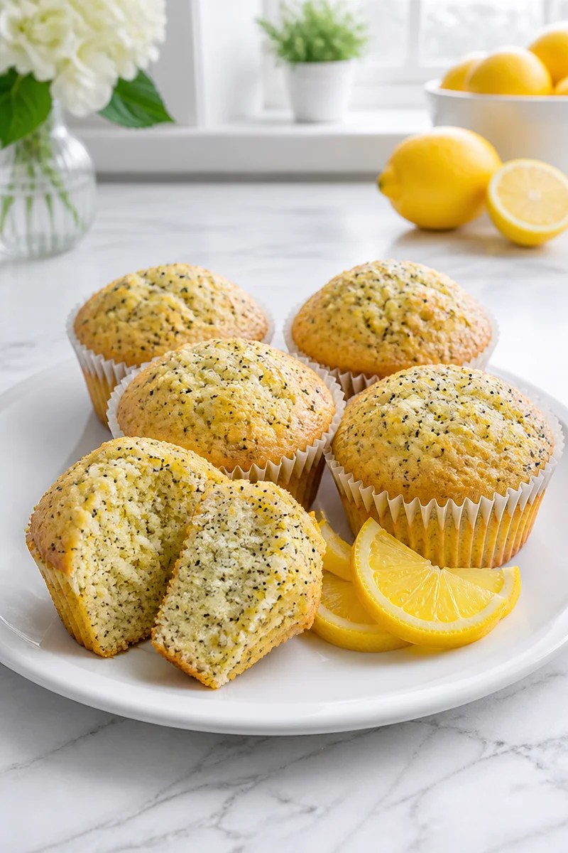 Bakery style lemon poppy seed muffins fresh out of the oven