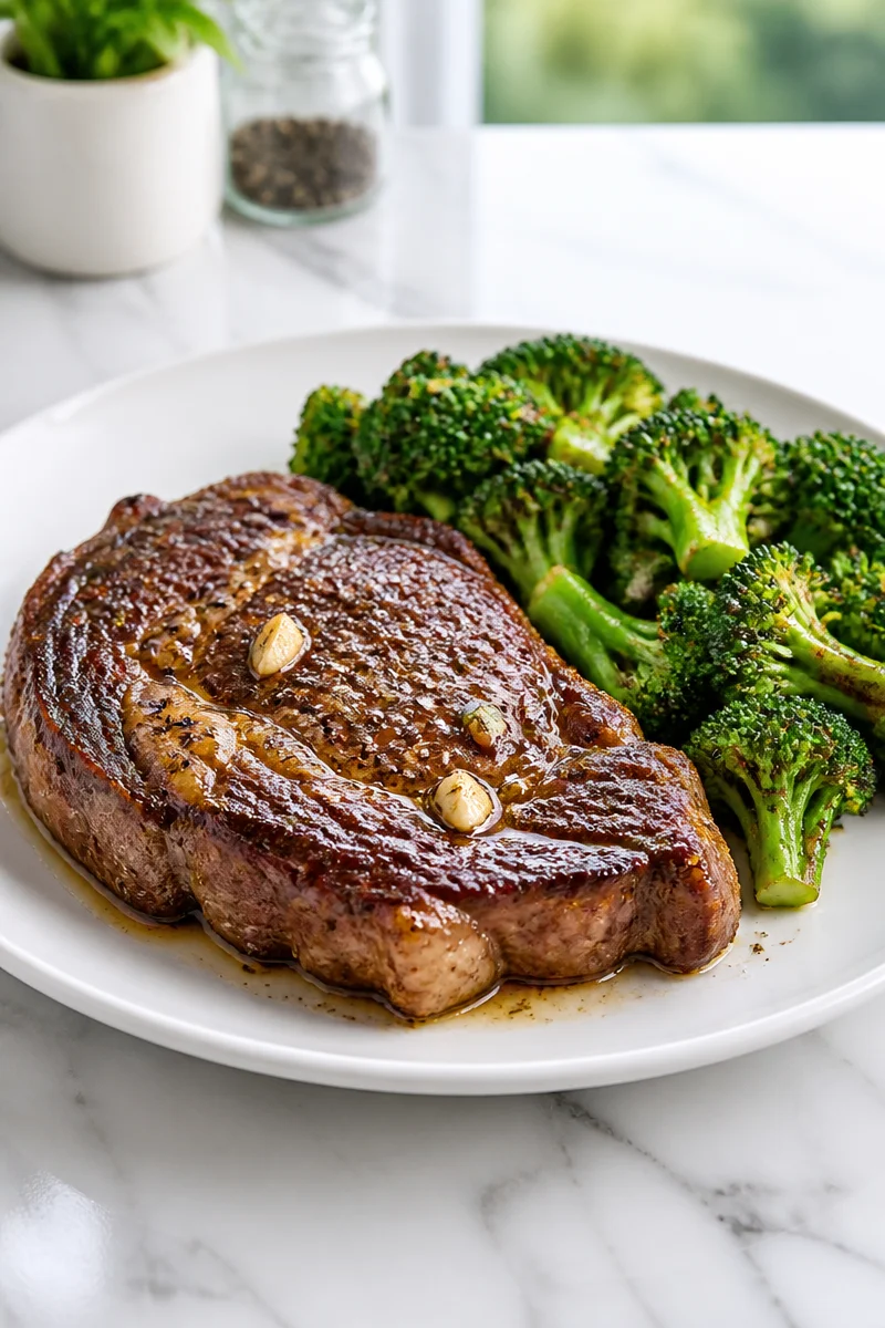 Cast Iron Ribeye Steak served with Broccoli for a keto-friendly dinner recipe