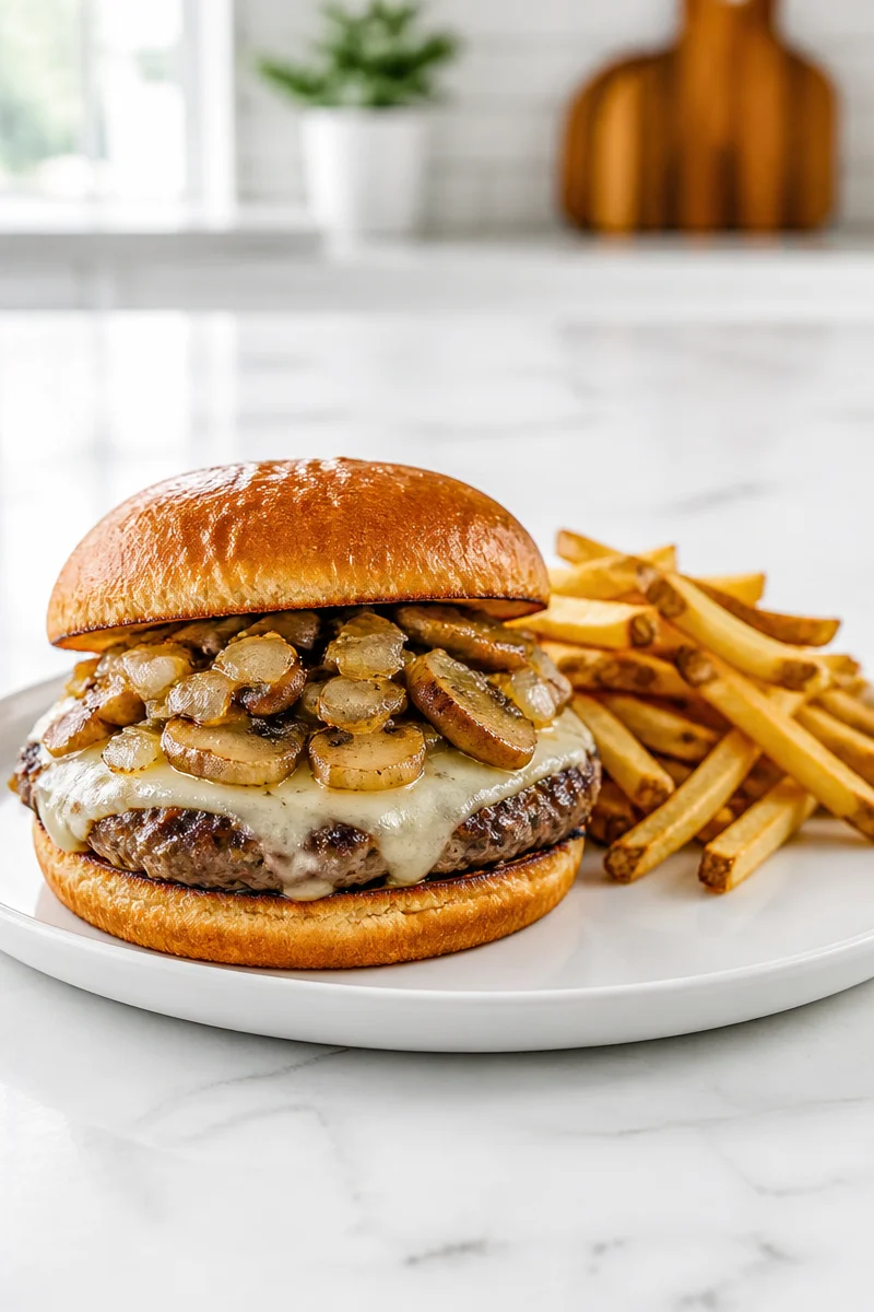 Cheesy Mushroom and Swiss Smash Burger with melty cheese and mushrooms