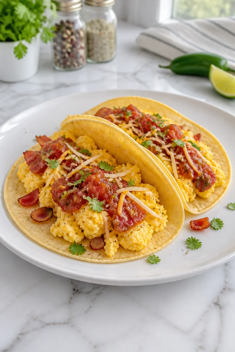 Delicious classic bacon and egg breakfast taco with fresh ingredients