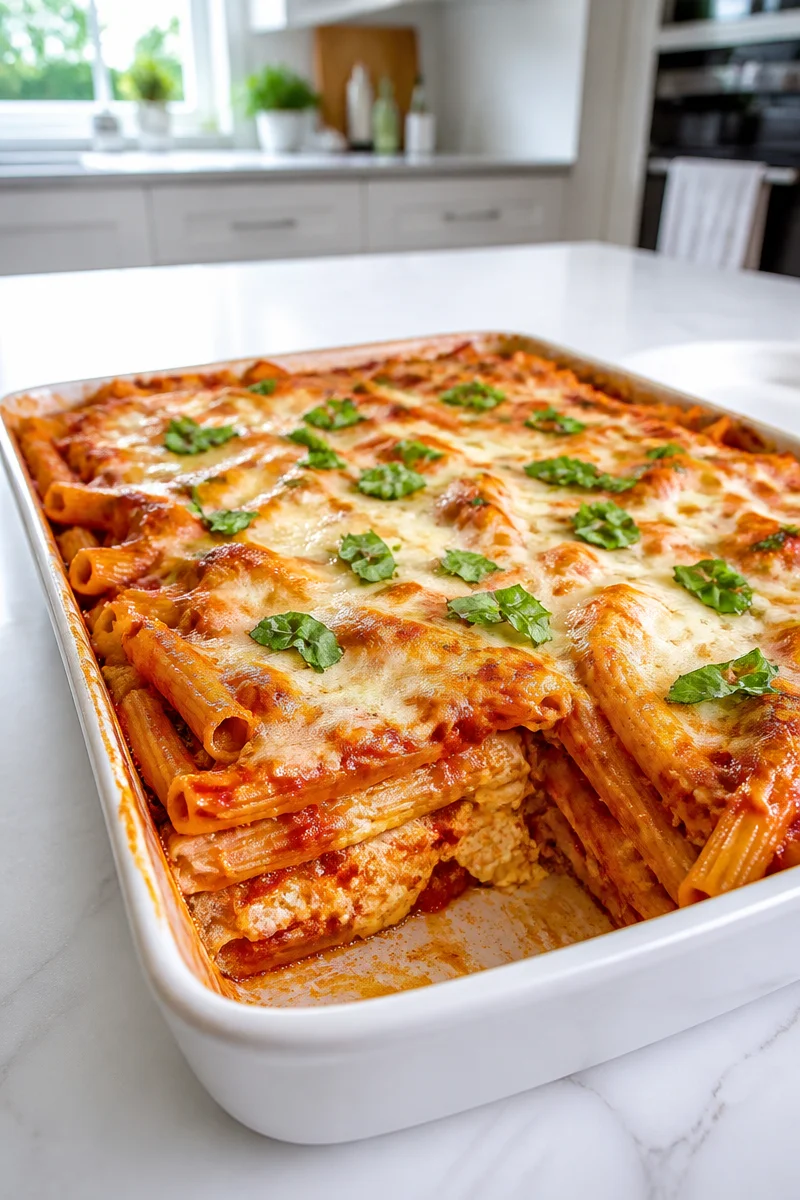 Delicious classic baked ziti pasta casserole with cheese and herbs