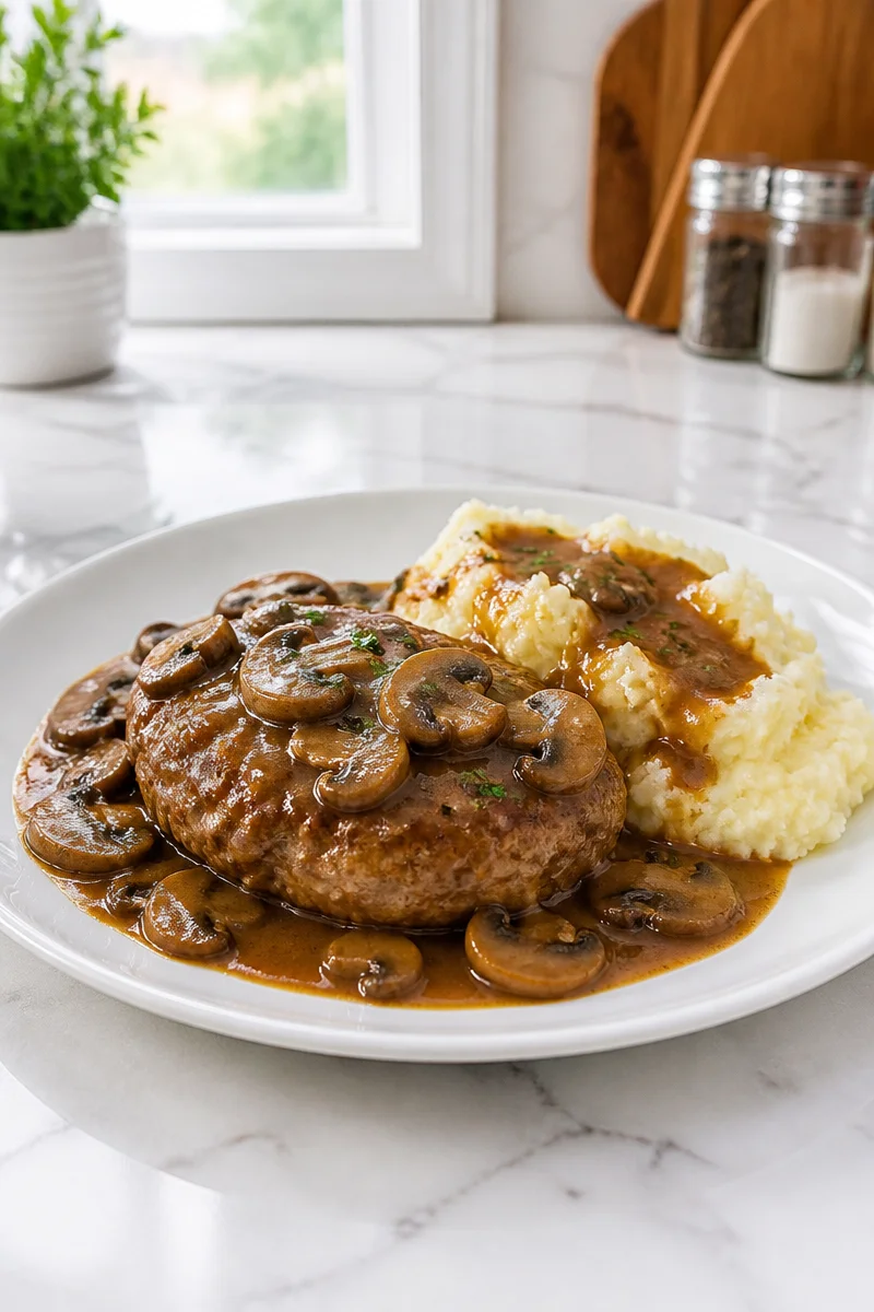 Classic Beef and Mushroom Salisbury Steak with savory mushroom gravy