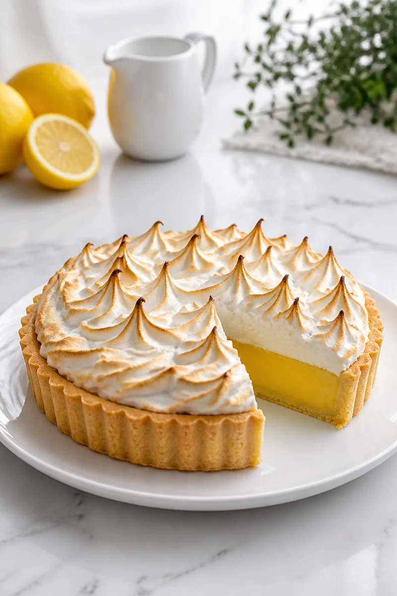 Classic French lemon meringue tart dessert with fluffy meringue topping