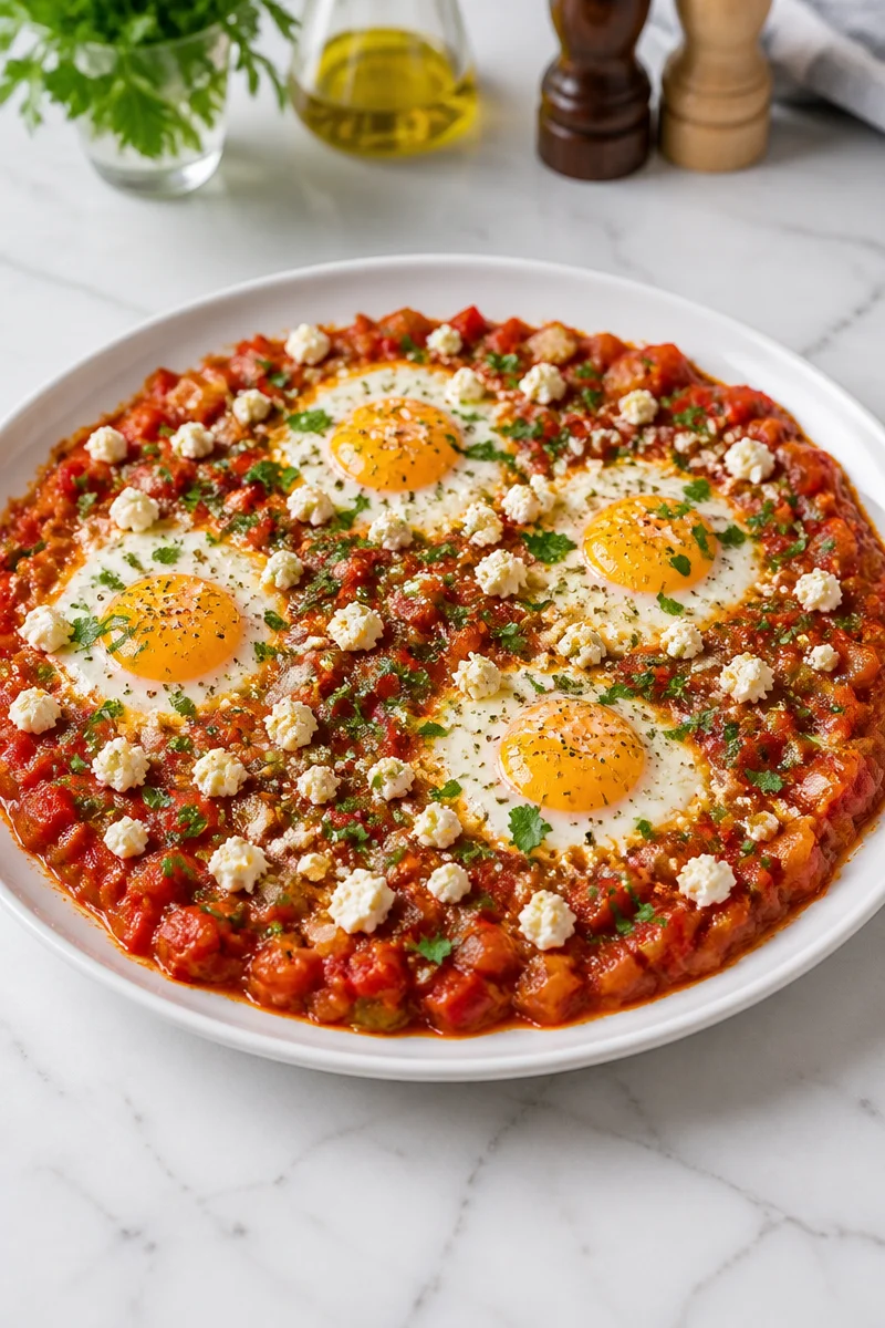 Baked shakshuka with eggs and tomatoes served in a skillet