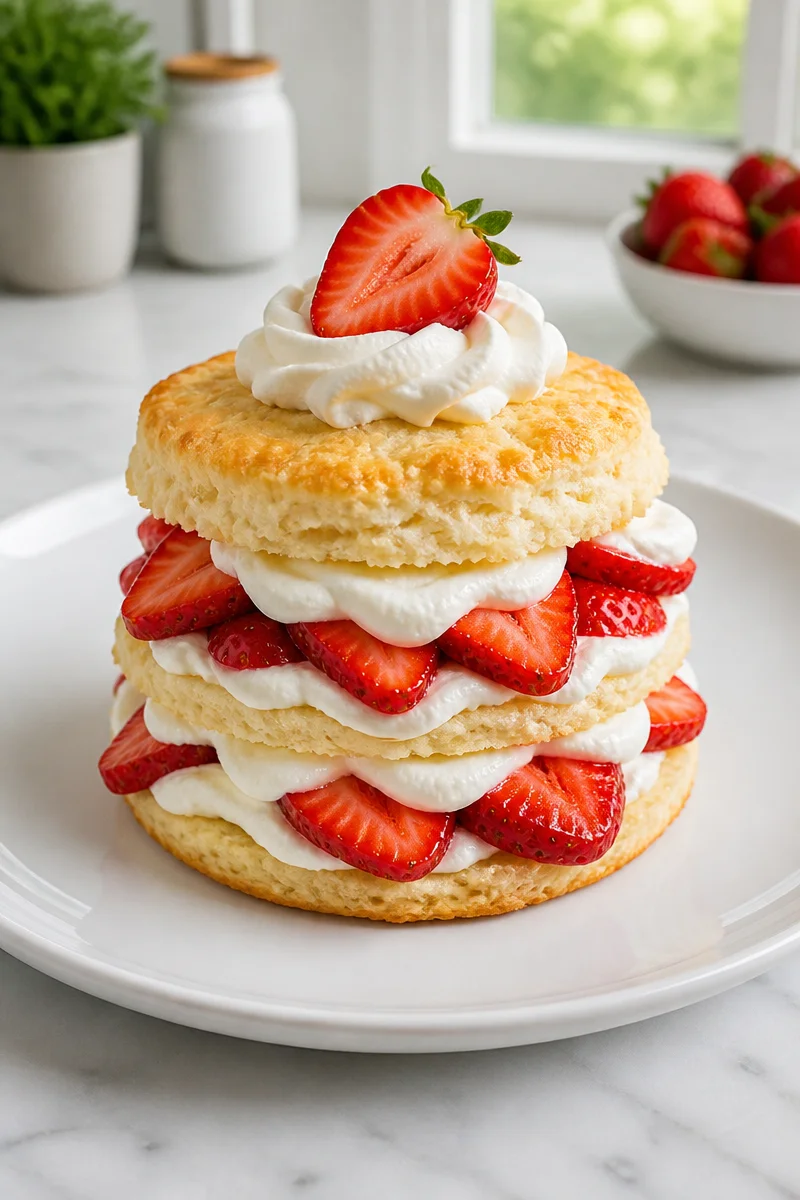 Classic strawberry shortcake topped with whipped cream and fresh strawberries