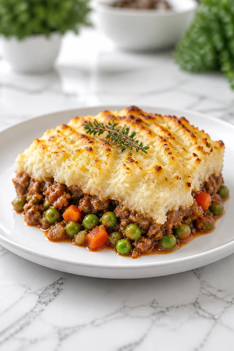 Cozy ground beef and mash cottage pie dinner plated with herbs.