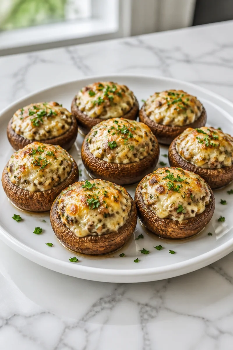 Creamy garlic butter mushroom stuffed caps ready to serve and enjoy