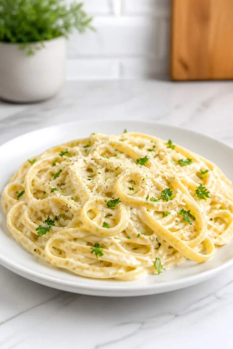 Creamy homemade garlic parmesan pasta with herbs and cheese