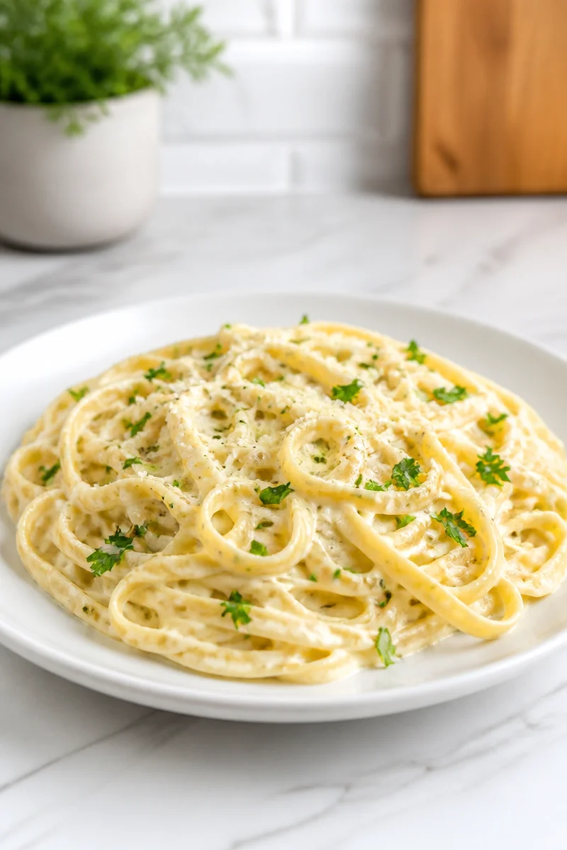 Creamy homemade garlic parmesan pasta with herbs and cheese