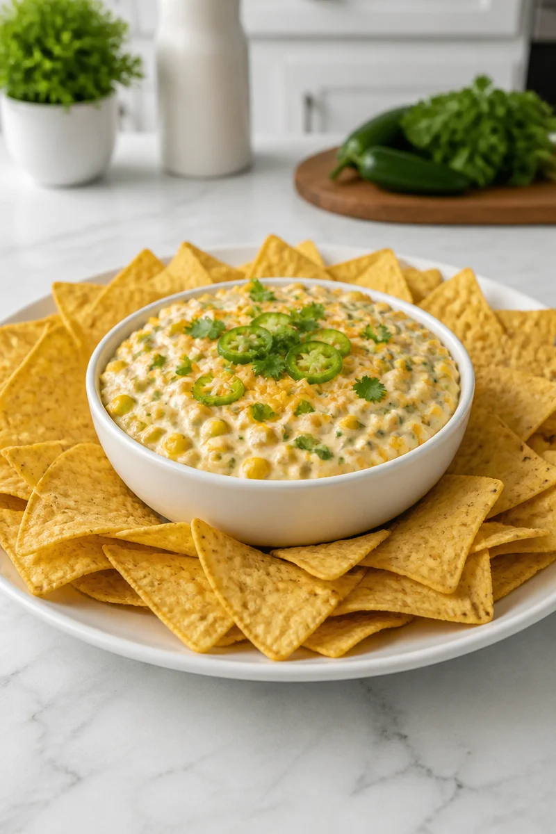 Delicious creamy jalapeno and roasted corn dip appetizer served in a bowl