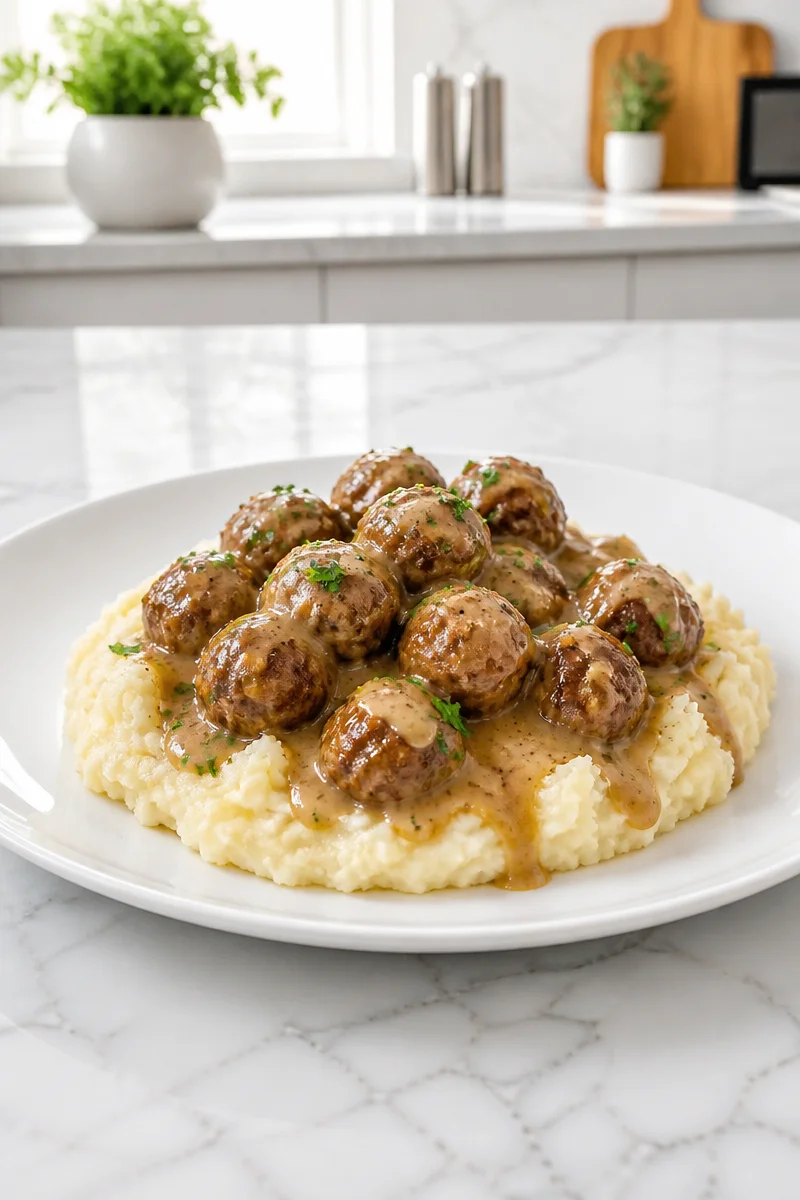 Creamy Swedish meatballs served with mashed potatoes on a plate