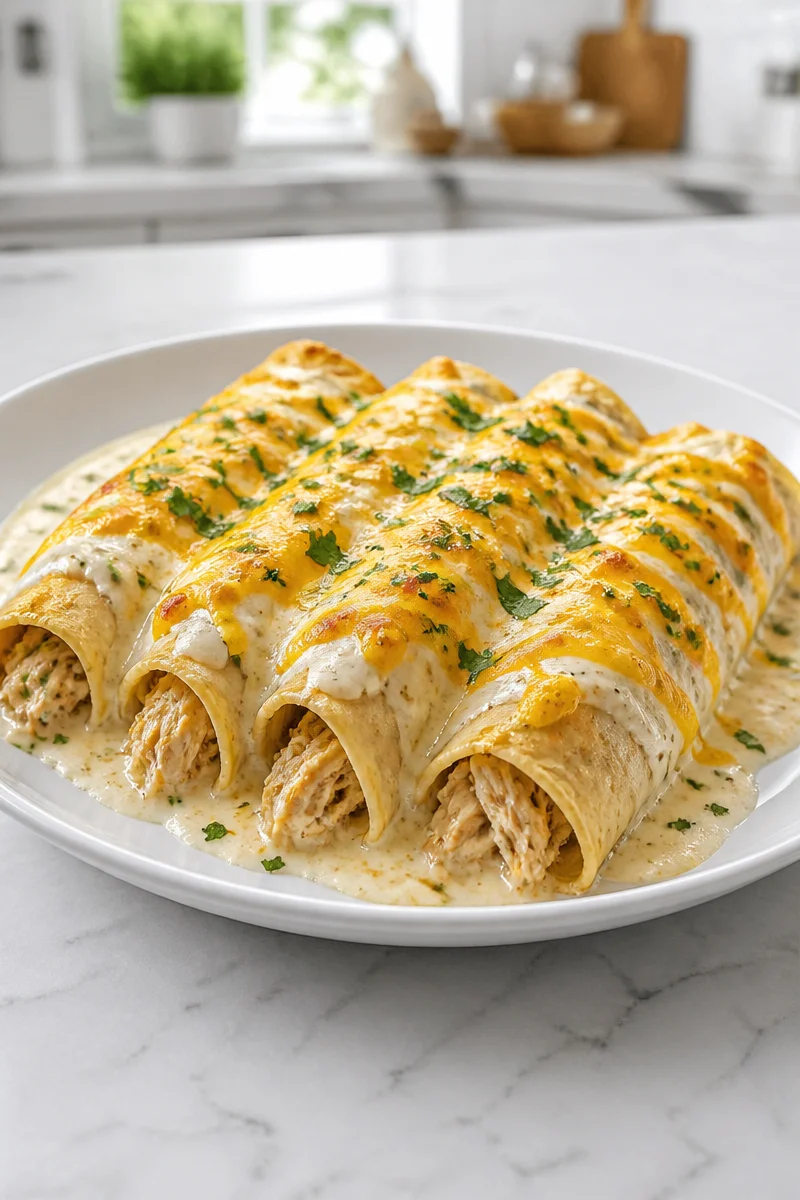 Creamy white sauce shredded chicken enchiladas ready for dinner