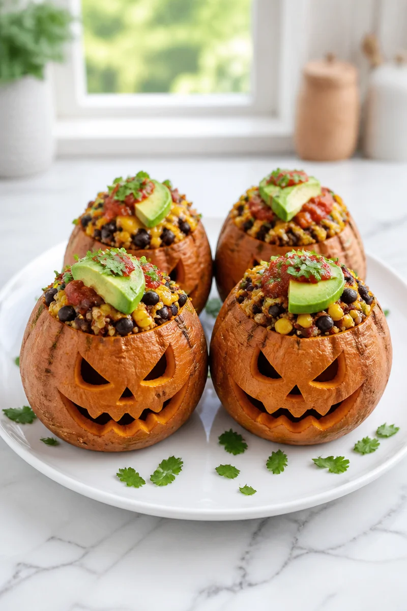 Creepy Jack O Lantern stuffed sweet potato Halloween dinner plate