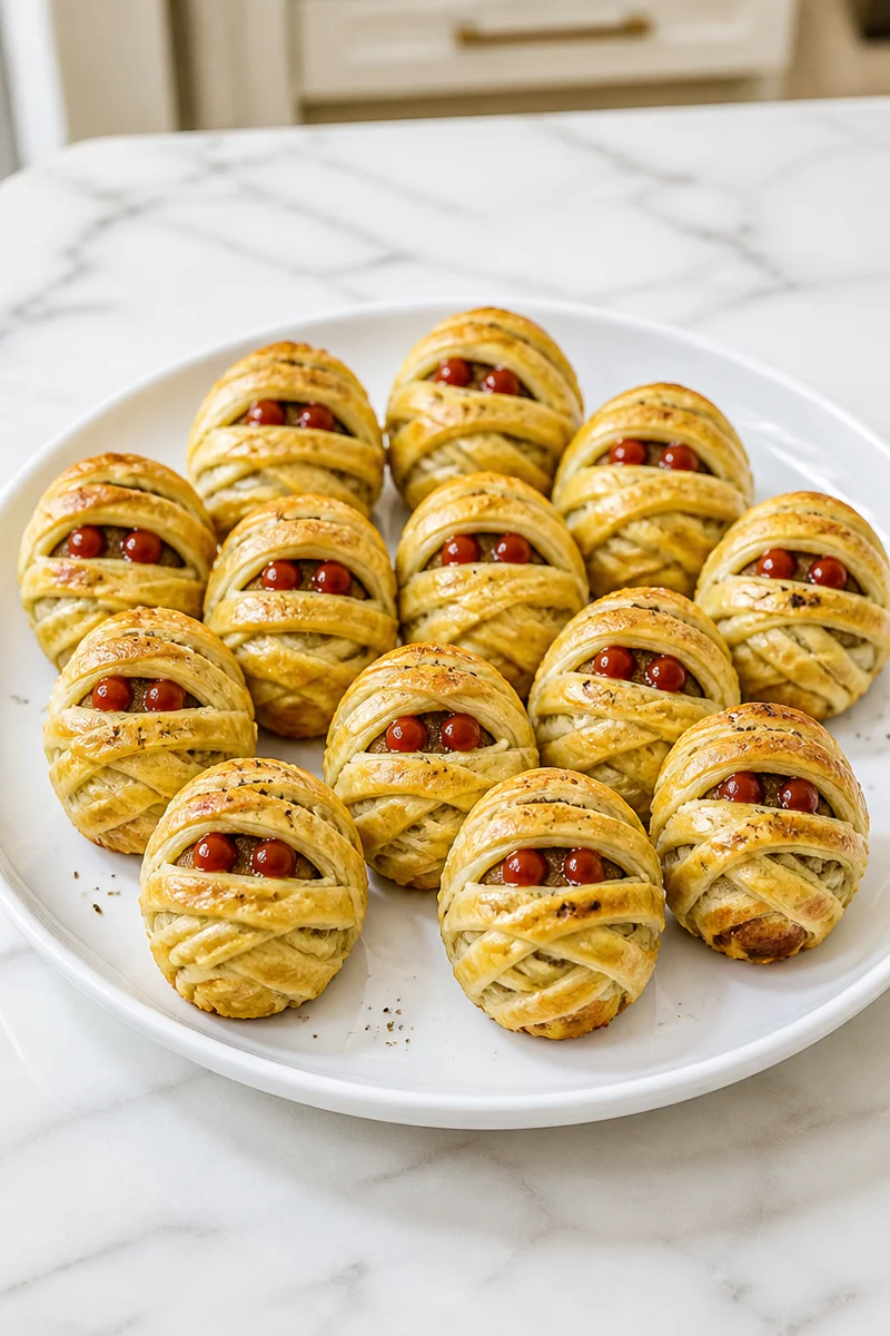 Creepy mummy wrapped halal meatball Halloween appetizer