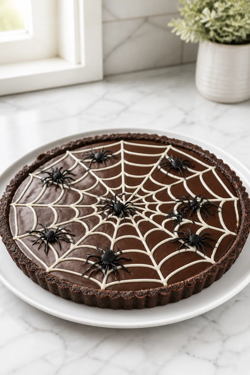 Creepy spider web topped chocolate Halloween tart on a festive table.