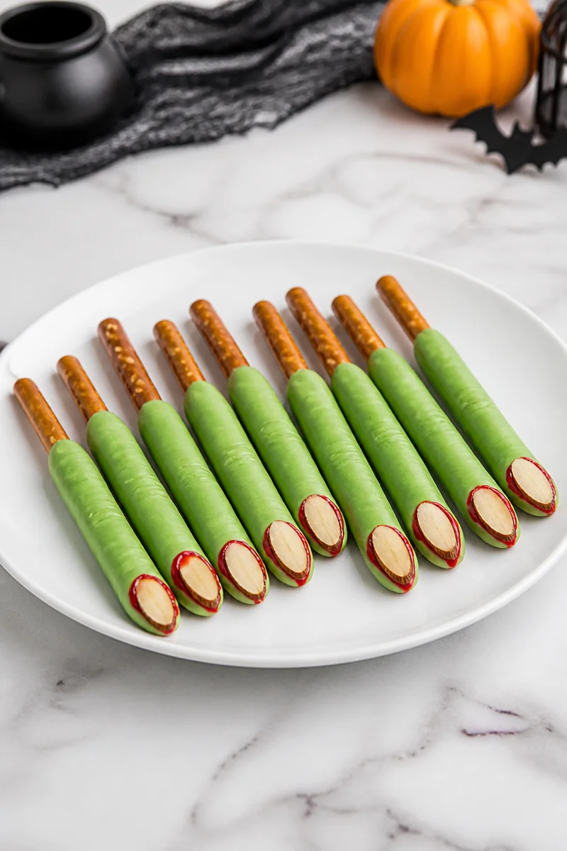 Creepy Witch Finger Pretzel Stick Halloween Snack displayed on a platter.
