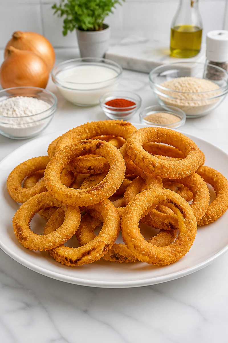 Crispy air fryer breaded onion ring served with dipping sauce