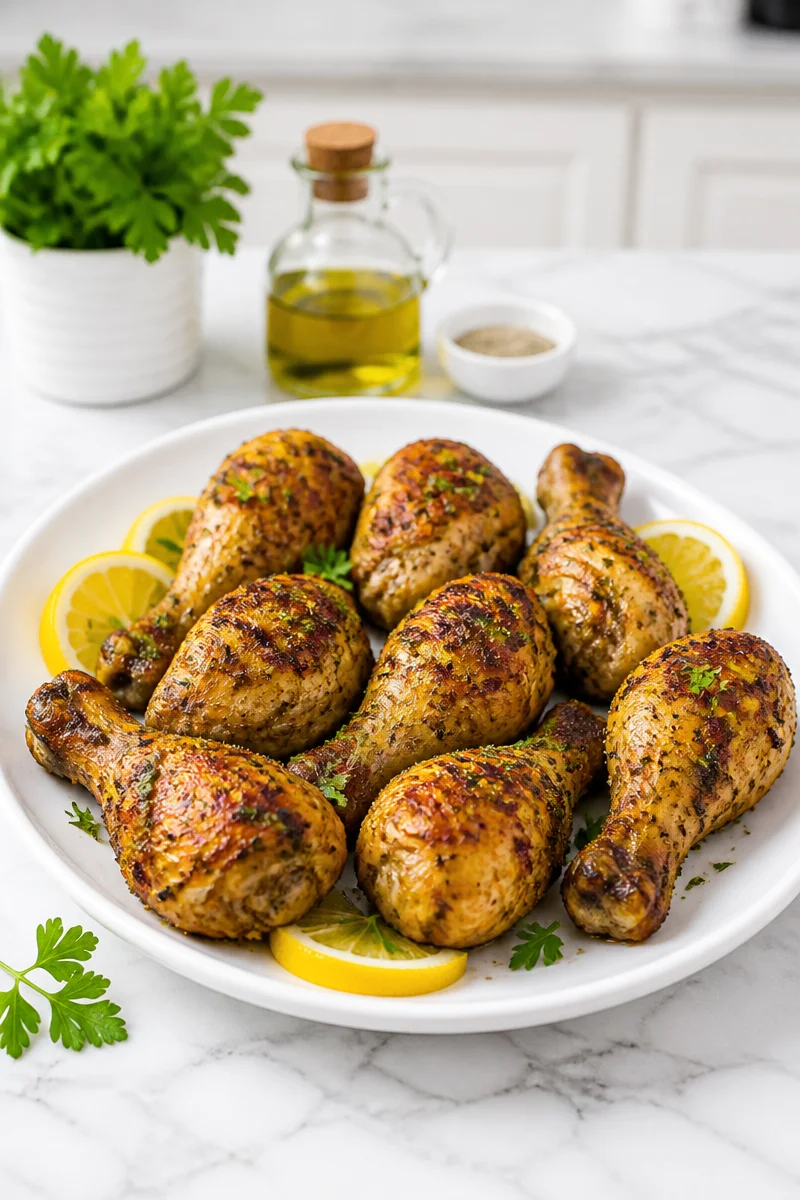 Crispy air fryer lemon herb chicken drumsticks plated and garnished with herbs.