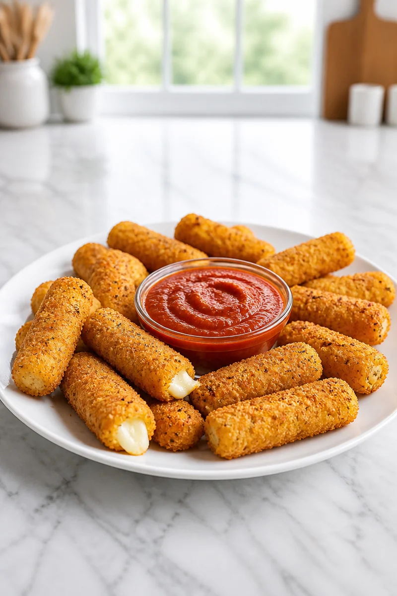 Crispy air fryer mozzarella sticks served with marinara sauce